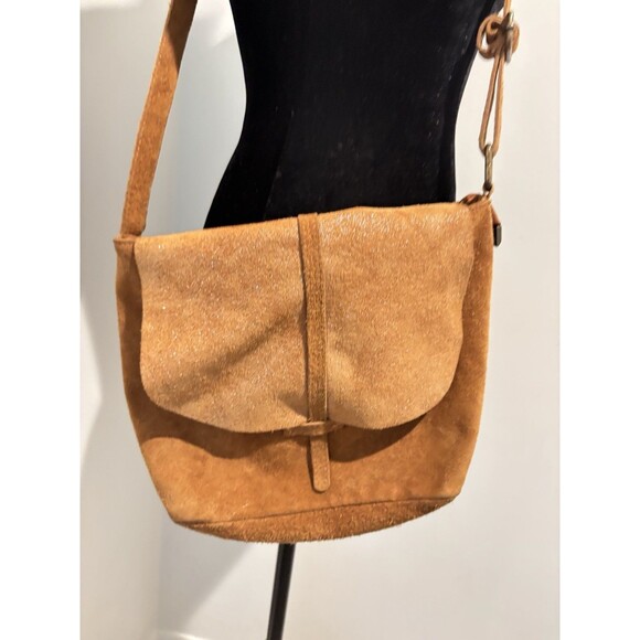 MADE in ITALY Brown Tan Metallic Suede Leather Adjustable Strap Crossbody Bag - Picture 3 of 7